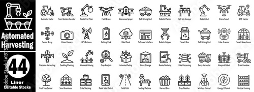 Automated Harvesting: Innovative agritech liner icons for automated crop harvesting tools.