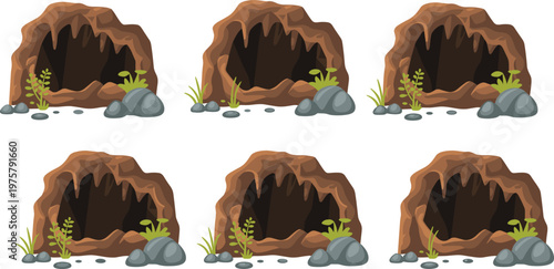 Cartoon caves in colorful vector illustration of rocky entrances with plants and stones