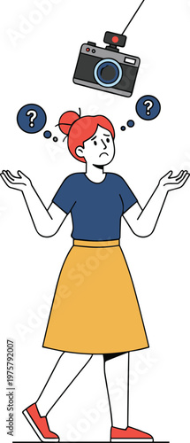 Cartoon confused person in colorful vector illustration of camera and photography uncertainty