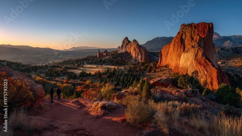 Sunrise over red sandstone spires at Garden of the Gods, Colorado Springs