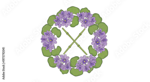 Floral wreath illustration featuring purple flowers and green stems