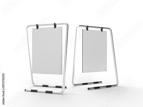 3D poster mockup on metal stand with blank paper sheet with metal base and leather. Blank white placard sign holder stand for presentation poster, banner, advertising, print showcase, creative display