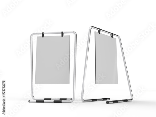 3D poster mockup on metal stand with blank paper sheet with metal base and leather. Blank white placard sign holder stand for presentation poster, banner, advertising, print showcase, creative display