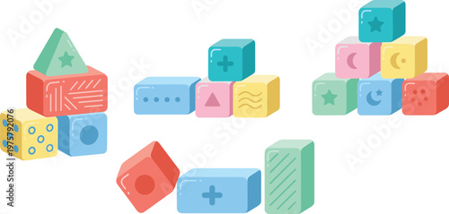 Colorful Toy Blocks Collection with Different Shapes and Patterns for Kids Learning, Stacking Game, and Preschool Education Vector Illustration Set