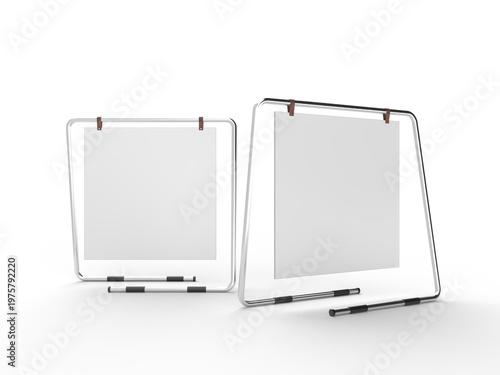 3D poster mockup on metal stand with blank paper sheet with metal base and leather. Blank white placard sign holder stand for presentation poster, banner, advertising, print showcase, creative display