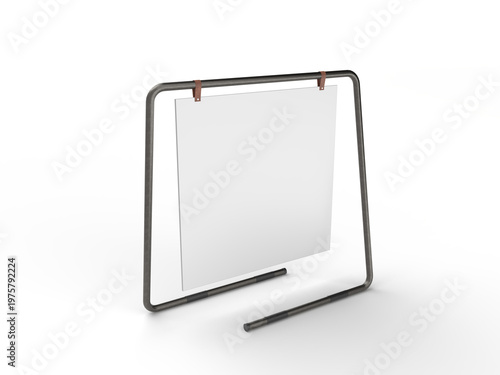3D poster mockup on metal stand with blank paper sheet with metal base and leather. Blank white placard sign holder stand for presentation poster, banner, advertising, print showcase, creative display