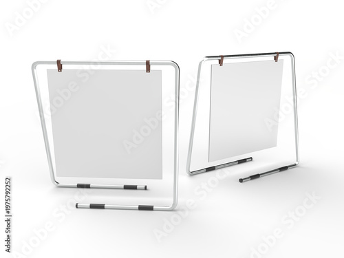 3D poster mockup on metal stand with blank paper sheet with metal base and leather. Blank white placard sign holder stand for presentation poster, banner, advertising, print showcase, creative display