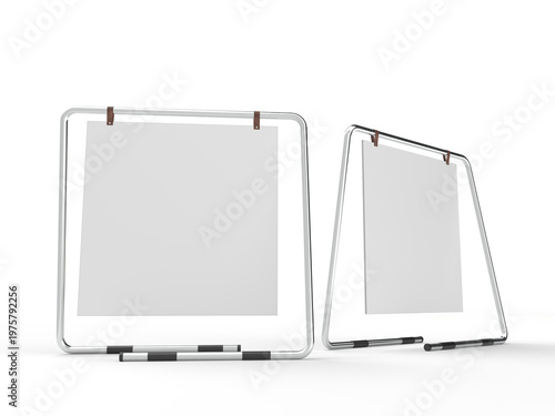 3D poster mockup on metal stand with blank paper sheet with metal base and leather. Blank white placard sign holder stand for presentation poster, banner, advertising, print showcase, creative display