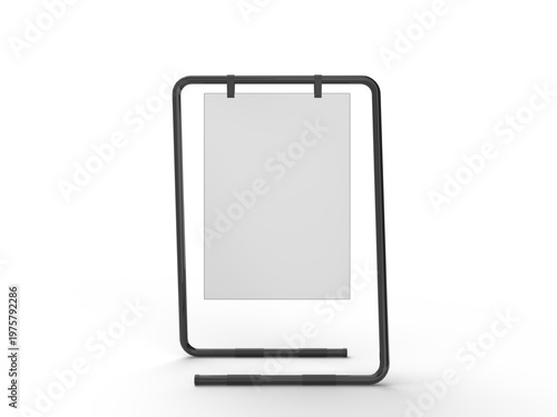 3D poster mockup on metal stand with blank paper sheet with metal base and leather. Blank white placard sign holder stand for presentation poster, banner, advertising, print showcase, creative display