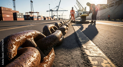 Massive anchor chain in a shipping port with dockworkers overseeing operations at sunrise