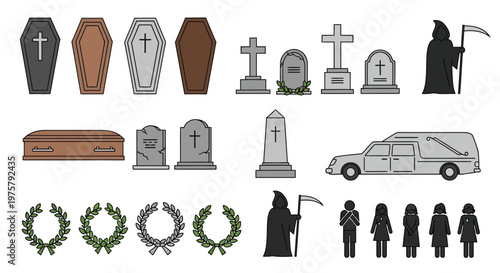 Illustrative collection of death related symbols including coffins graves and mourners