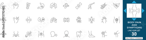 Body pain line icon set featuring muscle, ache, symptom, joint, anatomy, medical, and health. Professional editable vector illustration.
