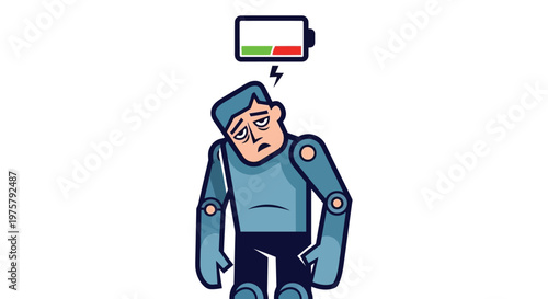 A sad robot with a low battery indicator above its head