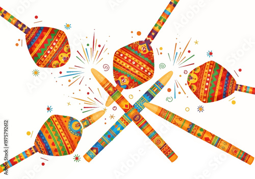 Vibrant Indian Garba Sticks in Colorful Celebration with Festive Fireworks