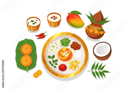 Indian Traditional Food and Offerings on a Banana Leaf with Mango and Coconut