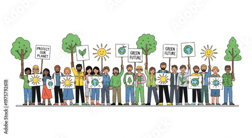 Diverse group of people holding eco friendly protest signs and trees