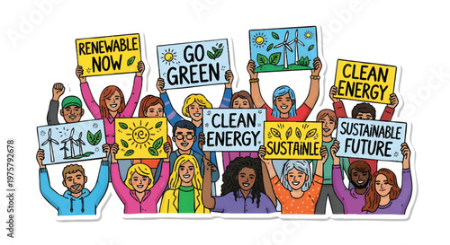 Diverse group of people holding eco-friendly protest signs for clean energy and sustainability