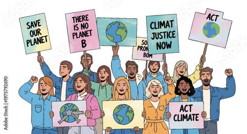 Diverse group of people protesting for climate justice and environmental awareness