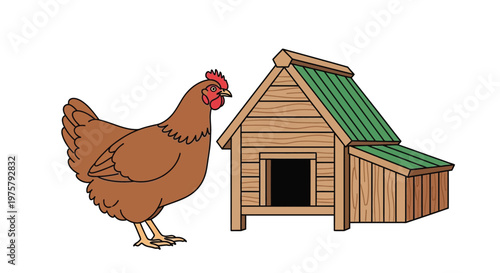 A brown hen stands beside a wooden coop with a green roof