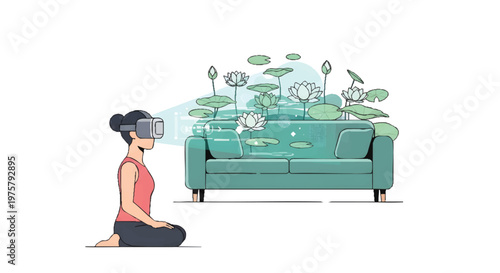 Woman in VR headset imagining green sofa in nature