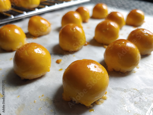 Selective focus of Kue nastar or pineapple tart. indonesian eid snack (kue lebaran). bright mood style. perfect for recipe, article, catalogue, or any commercial purposes.