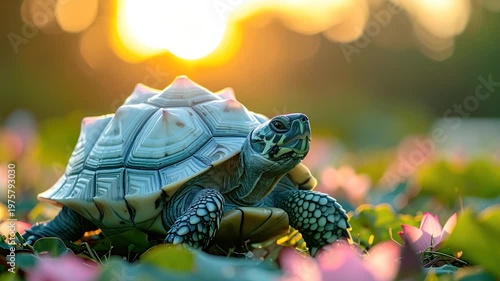 A turtle, surrounded by water lilies, basks in golden sunset light