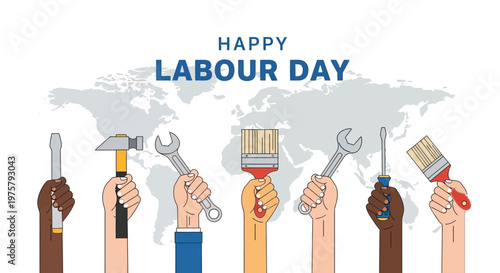 Happy labour day illustration with hands holding tools and a world map