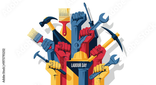 Raised fists holding various construction tools for labour day illustration