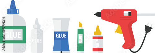 Cartoon glue bottles in colorful vector illustration of adhesive tools and hot glue gun