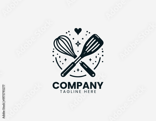 Whisk and spatula with hearts black vector logo illustration isolated on white background