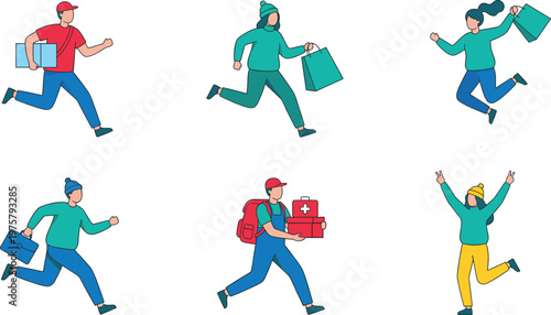 Delivery People Character Set with Couriers Running with Packages, Shopping Bags, and Medical Kit for Fast Shipping and Service Vector Illustration