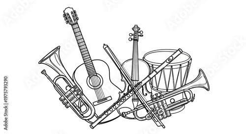 Musical instruments drawing, various orchestra tools