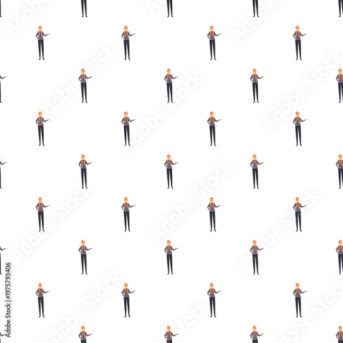 Cartoon construction worker character in hard hat presenting, forming a repeating pattern