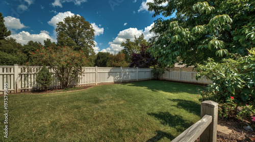 Green backyard with trees and blue sky on a sunny day in a suburban area