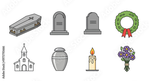 Funeral symbols and elements coffin headstones church and memorial items