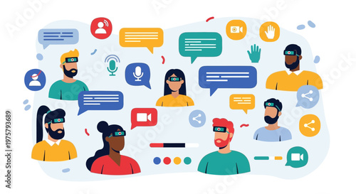 People communicating online with speech bubbles