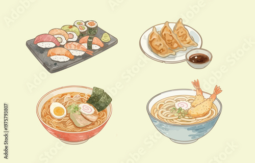 Japanese Unique Food in Soft Watercolor Style