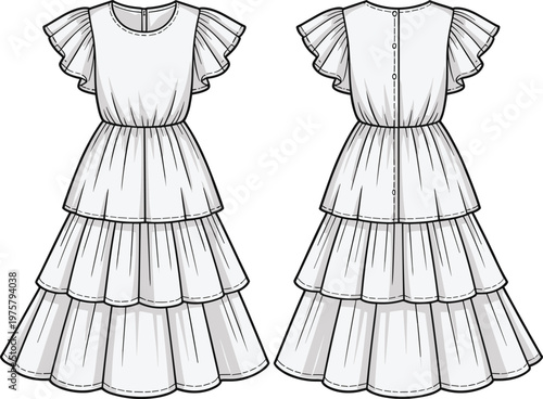 Tiered dress fashion technical drawing, women’s flutter sleeve round neck design, fitted bodice with button back closure, garment flat sketch apparel illustration