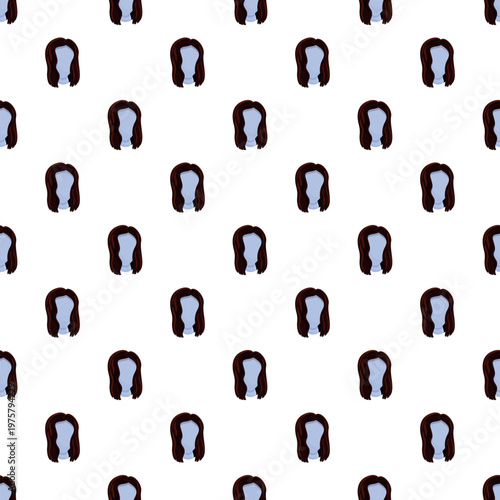 Brown wavy hair wigs on a light blue mannequin head forming a seamless pattern