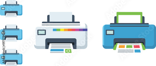 Cartoon printers in colorful vector illustration of modern printing machines and office devices