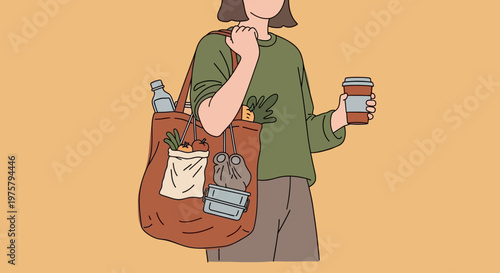 person holding reusable bag and coffee cup