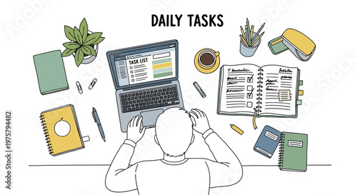 Person overwhelmed by daily tasks on laptop
