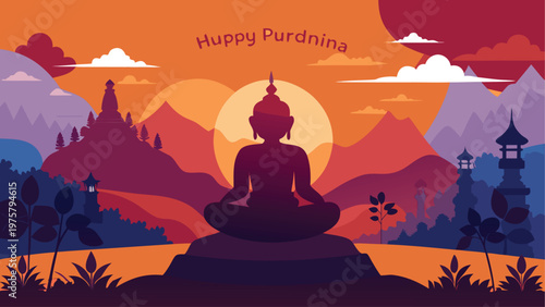 Buddha, Happy Purnima, Meditation, Spiritual Vector Illustration