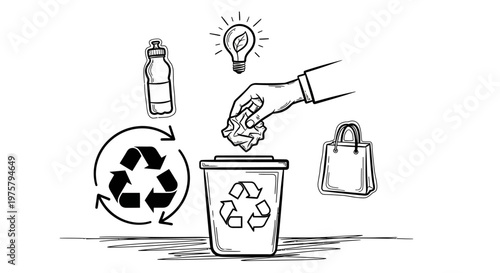 Recycling concept with hand putting paper in trash can