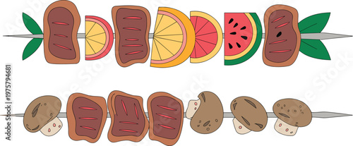 Cartoon skewers in colorful vector illustration of grilled meat with fruits and mushroomsCartoon skewers in colorful vector illustration of grilled meat with fruits and mushrooms