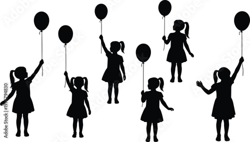 Collection of little girl silhouettes holding balloons, childhood innocence concept, playful activity, kids celebration, happiness and freedom theme, isolated black illustration set