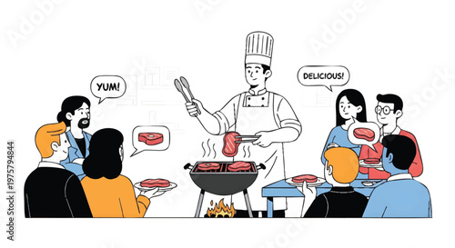 People enjoying burgers at outdoor barbecue party with chef