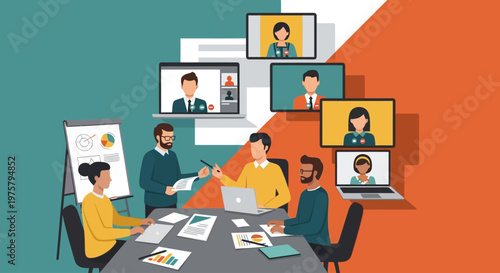 Remote team collaboration meeting with video conferencing