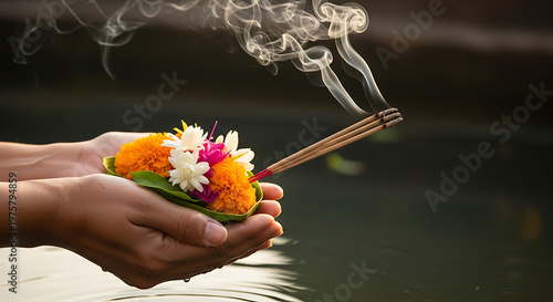 Offering of incense and flowers by hands on water with smoke and light