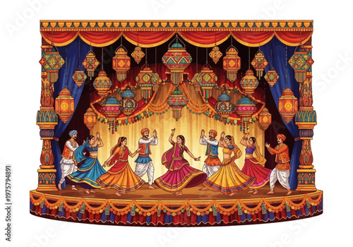 Vibrant Indian Folk Dance Performance on a Decorated Stage with Traditional Lanterns